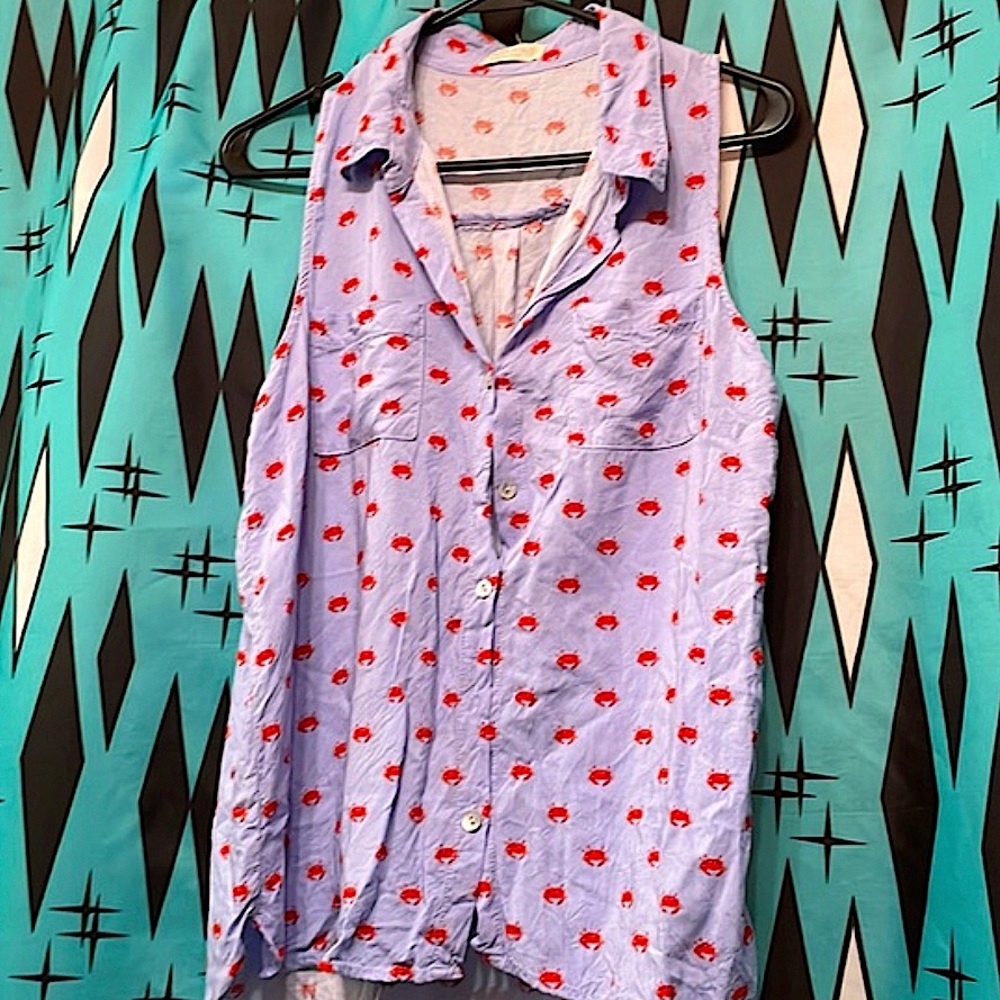 🦀Crab Print Sleeveless Collared Shell Button Blouse-sz Sm